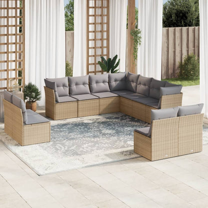 11-tlg. Garten-Sofagarnitur mit Kissen Beige Poly Rattan