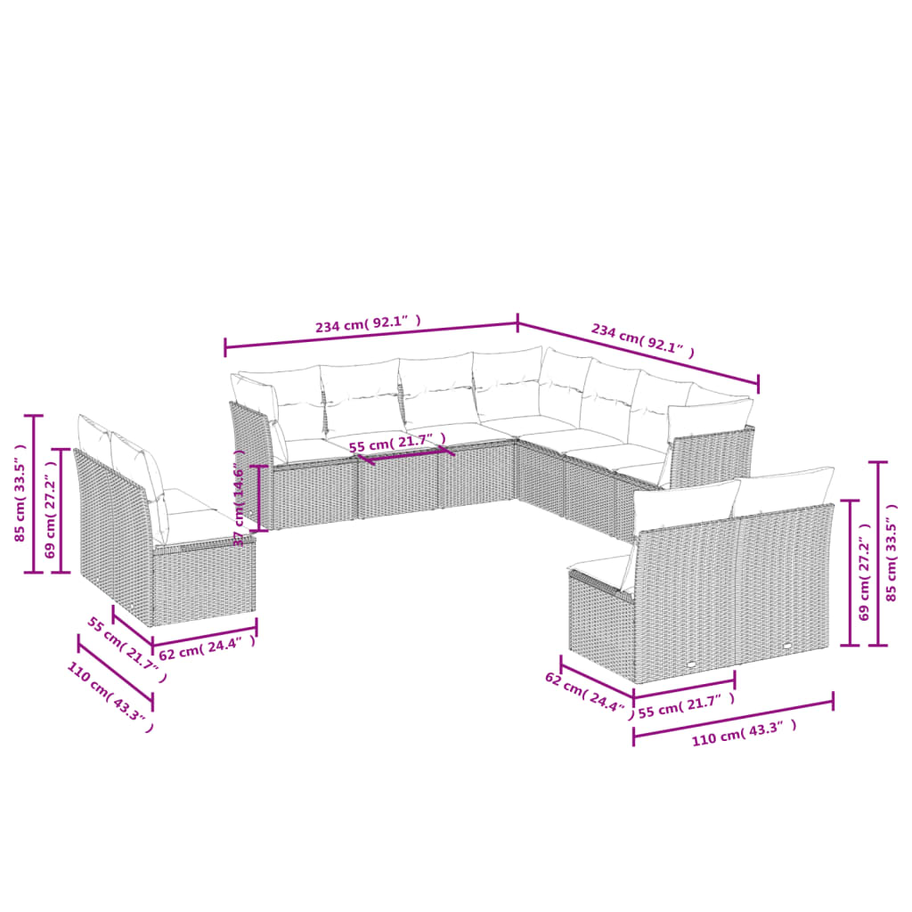 11-tlg. Garten-Sofagarnitur mit Kissen Grau Poly Rattan