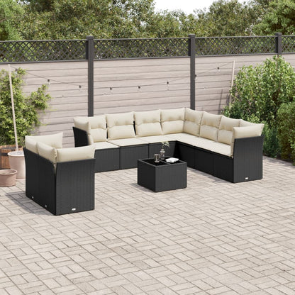 10-tlg. Garten-Sofagarnitur mit Kissen Schwarz Poly Rattan