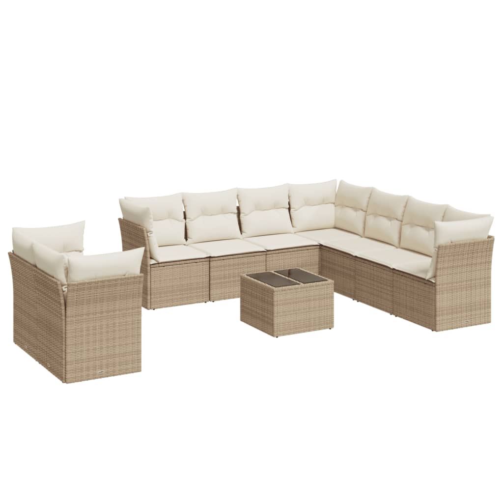 10-tlg. Garten-Sofagarnitur mit Kissen Beige Poly Rattan