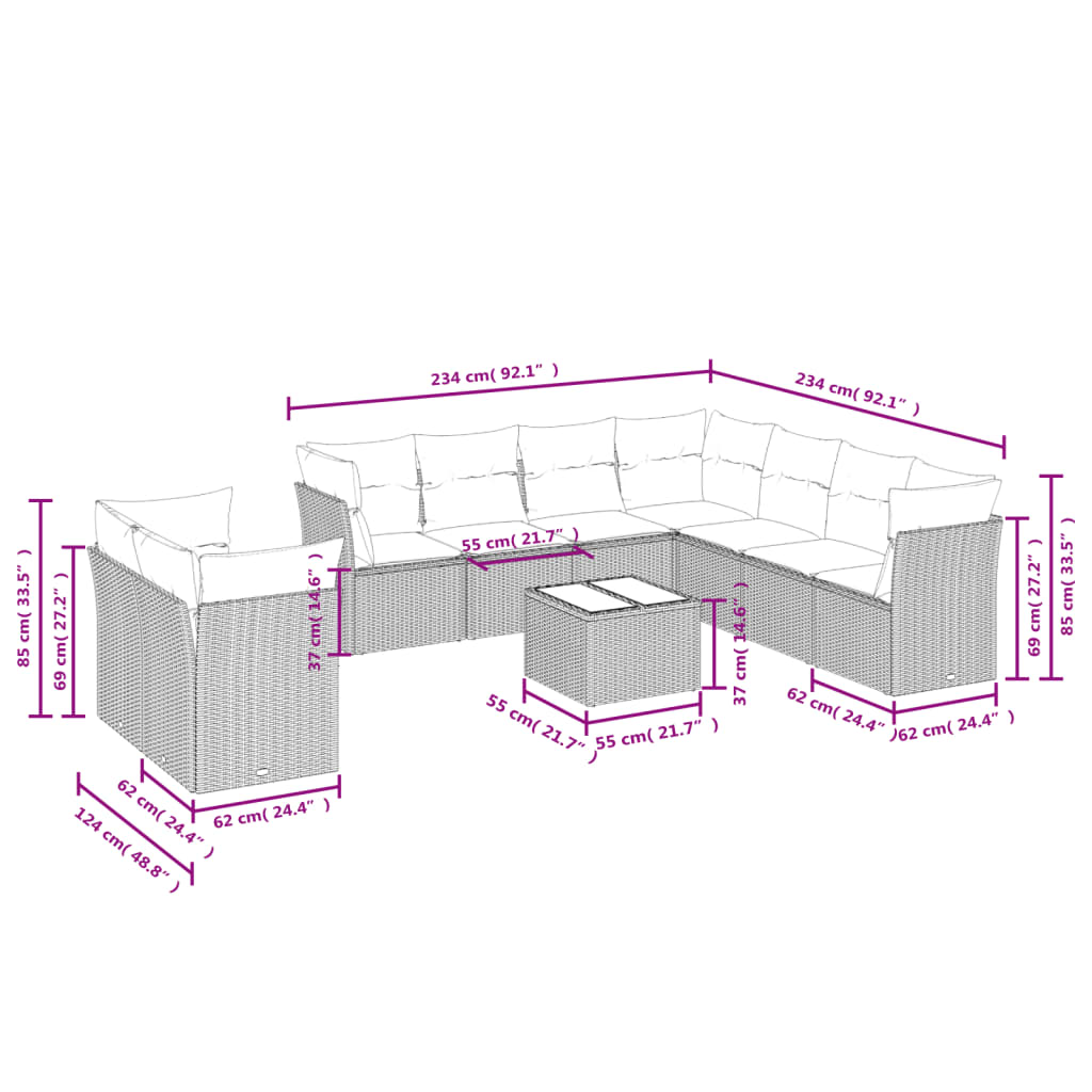 10-tlg. Garten-Sofagarnitur mit Kissen Grau Poly Rattan