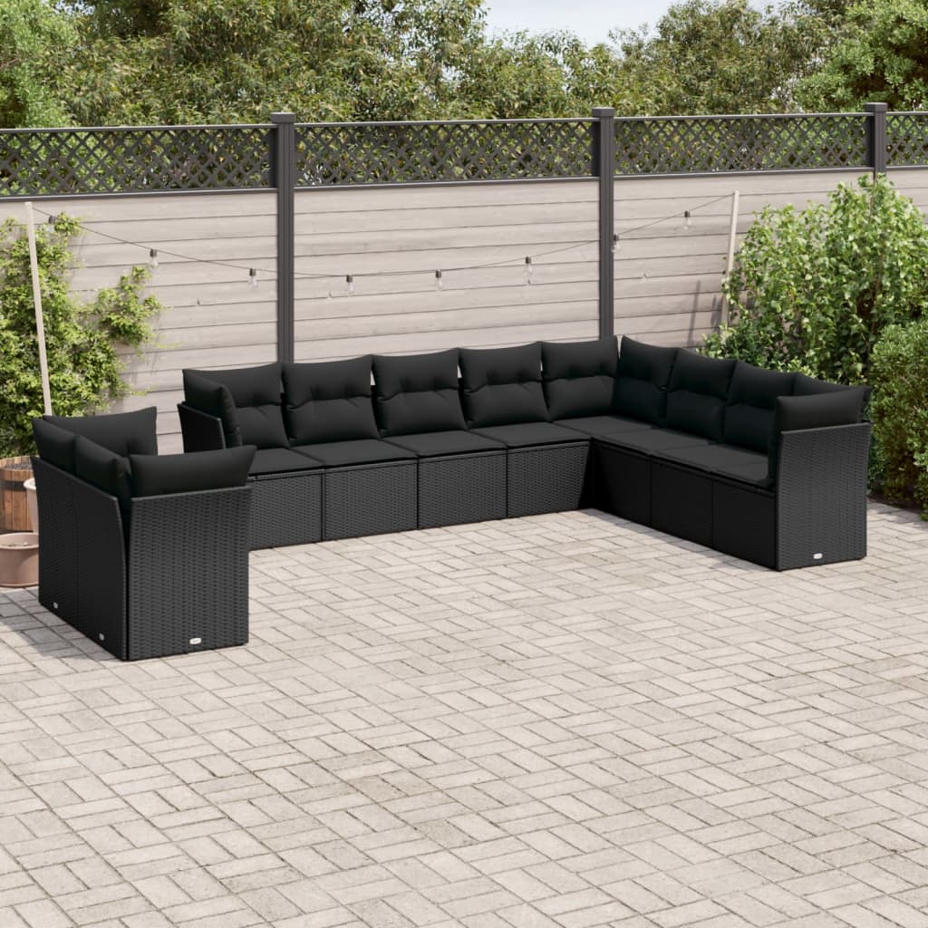 10-tlg. Garten-Sofagarnitur mit Kissen Schwarz Poly Rattan