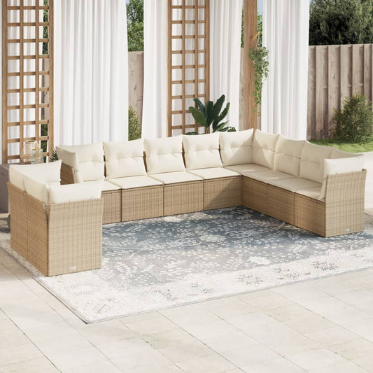 10-tlg. Garten-Sofagarnitur mit Kissen Beige Poly Rattan