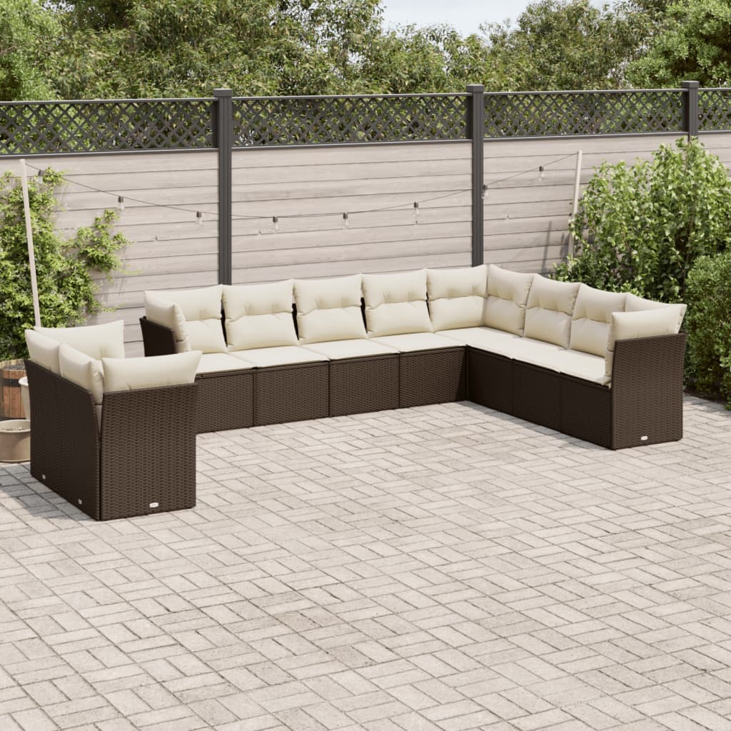 10-tlg. Garten-Sofagarnitur mit Kissen Braun Poly Rattan