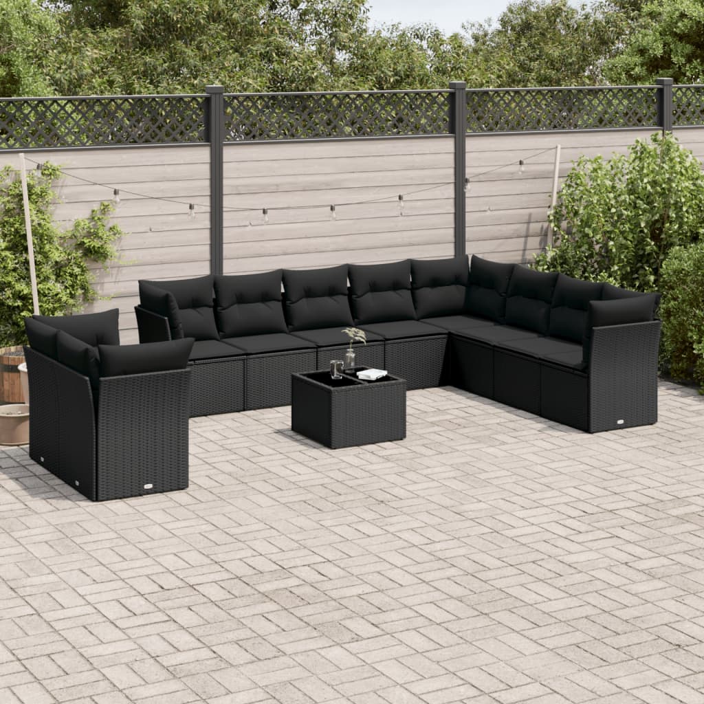 11-tlg. Garten-Sofagarnitur mit Kissen Schwarz Poly Rattan