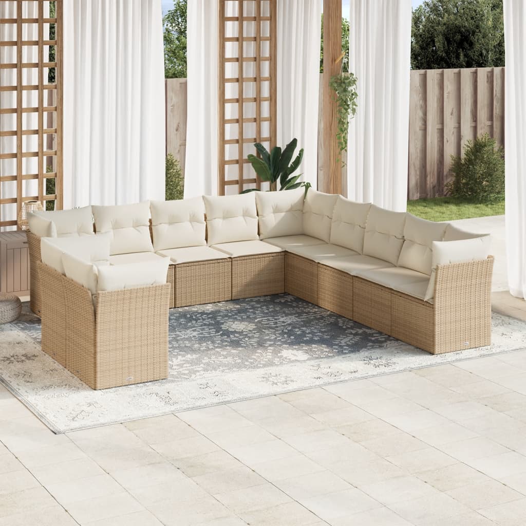 11-tlg. Garten-Sofagarnitur mit Kissen Beige Poly Rattan