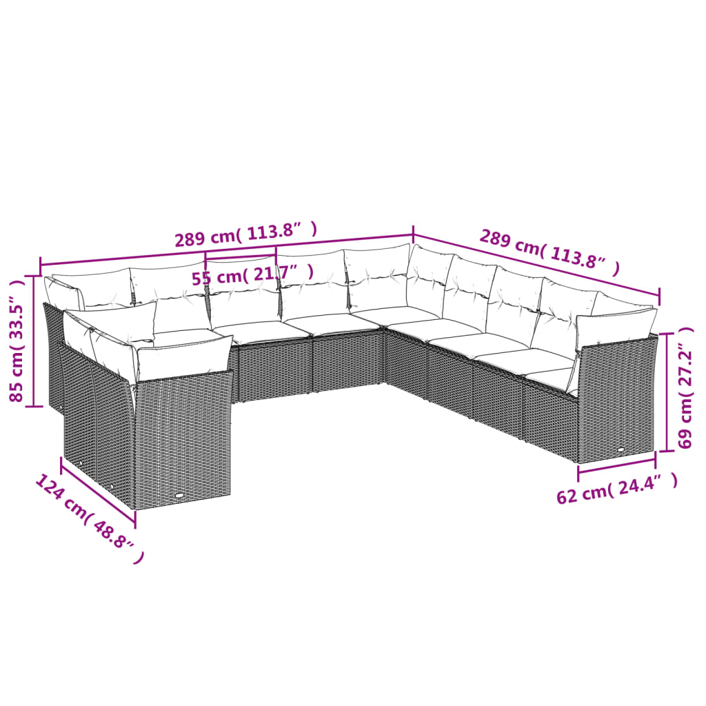 11-tlg. Garten-Sofagarnitur mit Kissen Hellgrau Poly Rattan