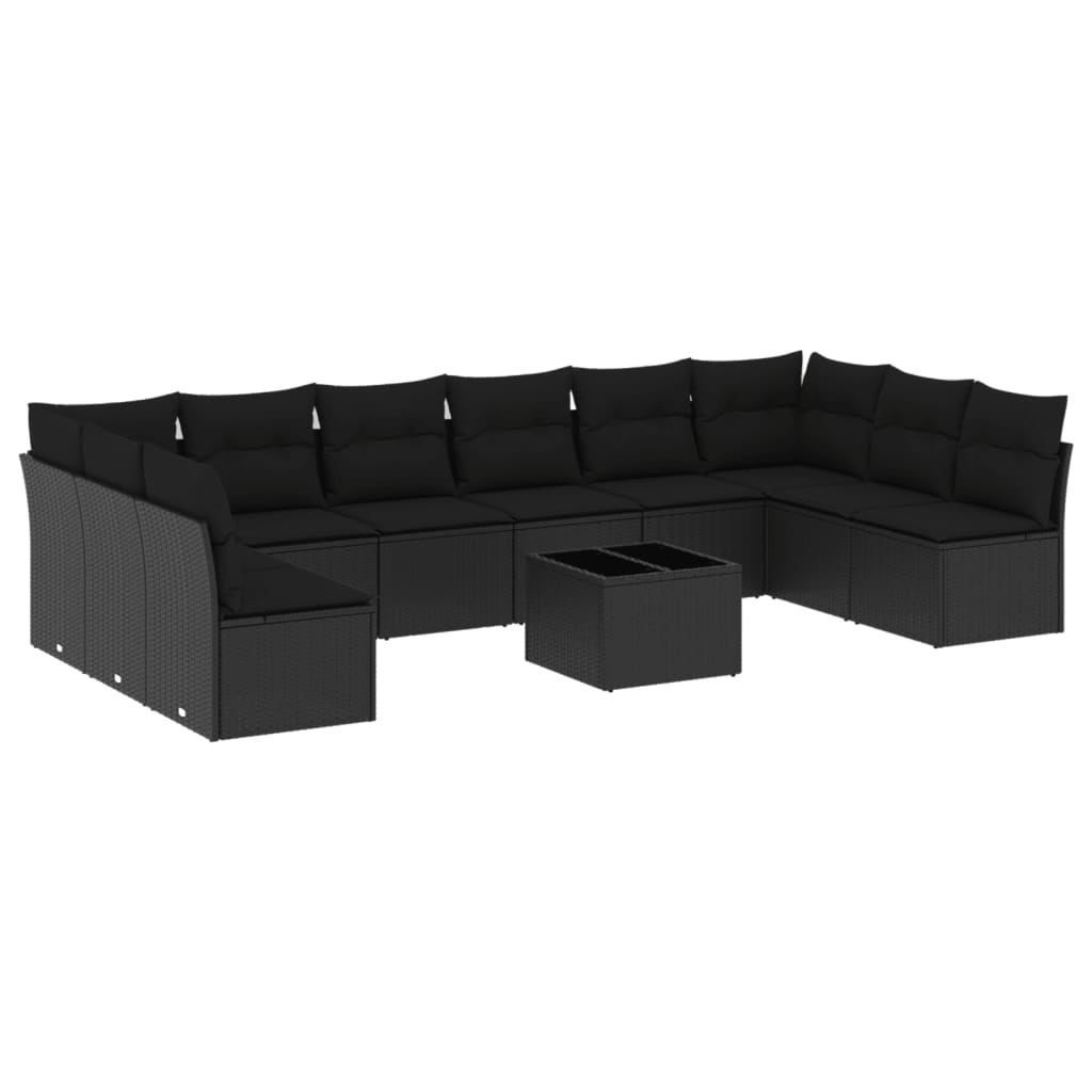 11-tlg. Garten-Sofagarnitur mit Kissen Schwarz Poly Rattan