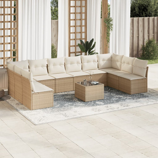 11-tlg. Garten-Sofagarnitur mit Kissen Beige Poly Rattan