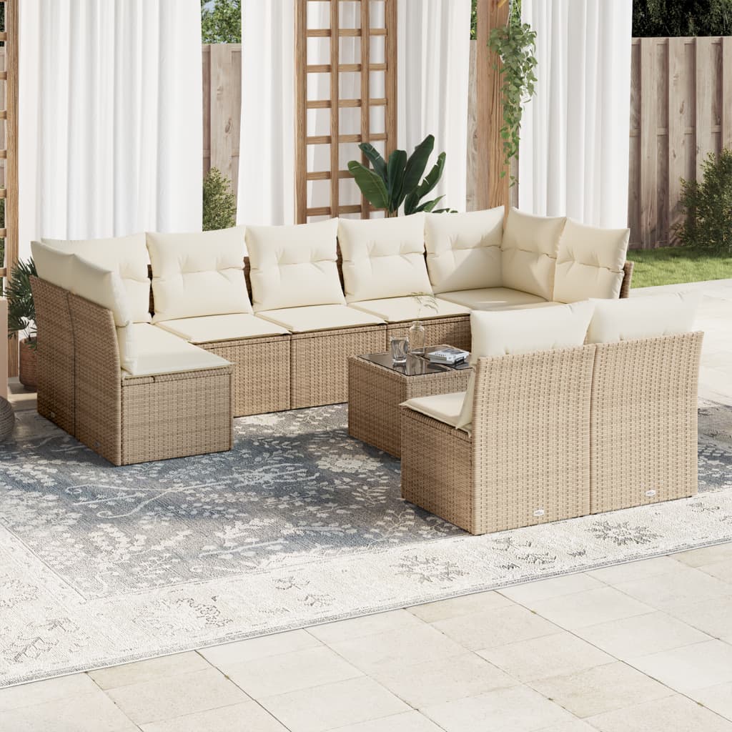 10-tlg. Garten-Sofagarnitur mit Kissen Beige Poly Rattan