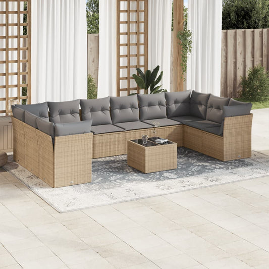 11-tlg. Garten-Sofagarnitur mit Kissen Beige Poly Rattan