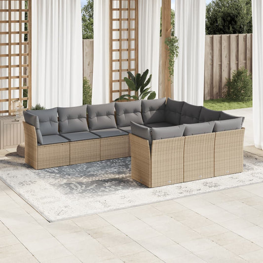 10-tlg. Garten-Sofagarnitur mit Kissen Beige Poly Rattan