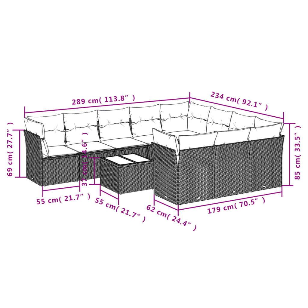 11-tlg. Garten-Sofagarnitur mit Kissen Schwarz Poly Rattan