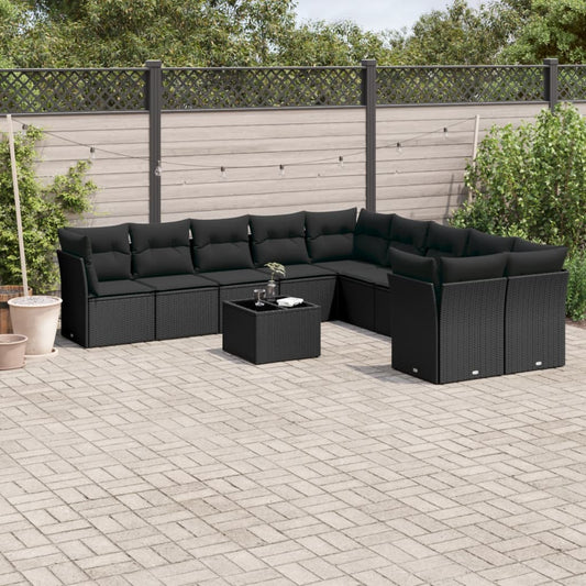 11-tlg. Garten-Sofagarnitur mit Kissen Schwarz Poly Rattan