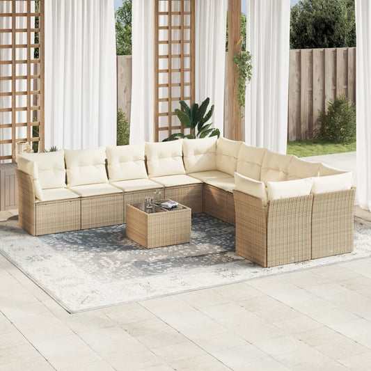 11-tlg. Garten-Sofagarnitur mit Kissen Beige Poly Rattan