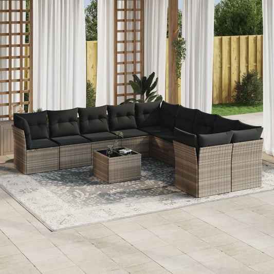 11-tlg. Garten-Sofagarnitur mit Kissen Hellgrau Poly Rattan