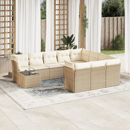 11-tlg. Garten-Sofagarnitur mit Kissen Beige Poly Rattan