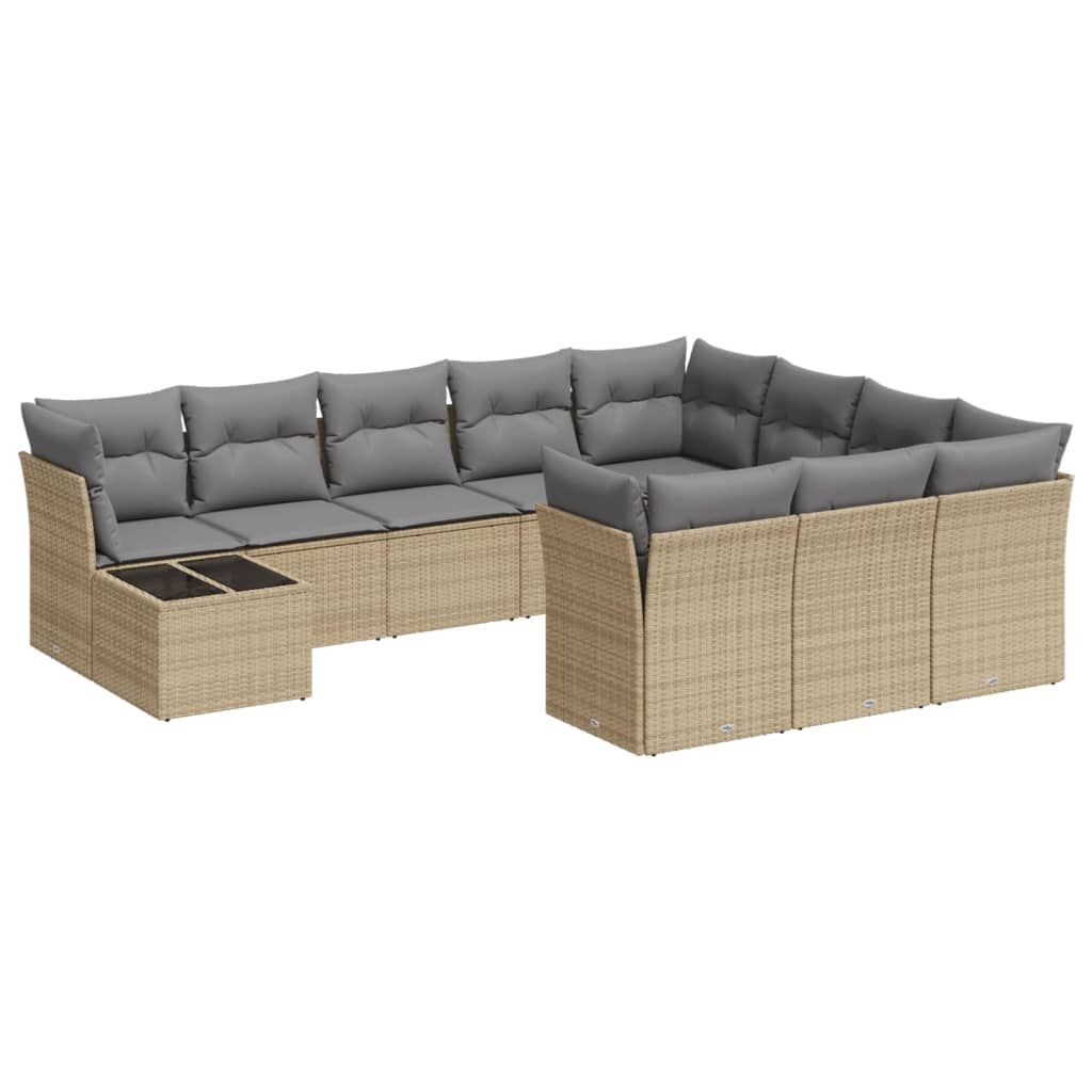 11-tlg. Garten-Sofagarnitur mit Kissen Beige Poly Rattan