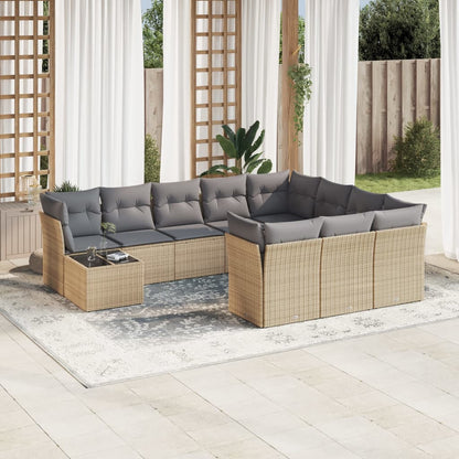 11-tlg. Garten-Sofagarnitur mit Kissen Beige Poly Rattan