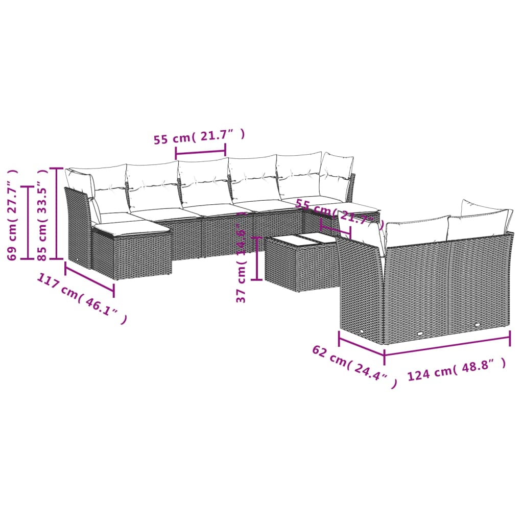 10-tlg. Garten-Sofagarnitur mit Kissen Grau Poly Rattan