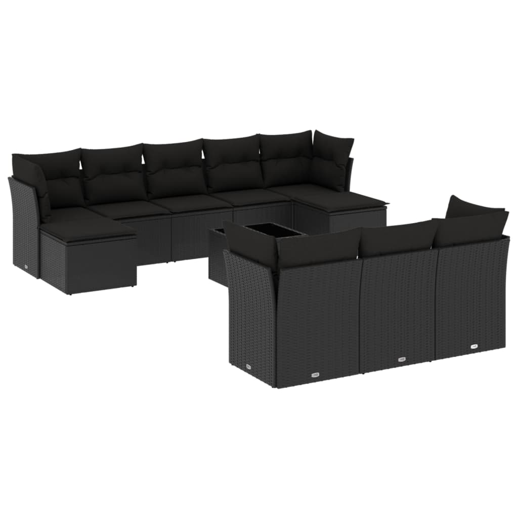 11-tlg. Garten-Sofagarnitur mit Kissen Schwarz Poly Rattan