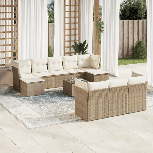 11-tlg. Garten-Sofagarnitur mit Kissen Beige Poly Rattan