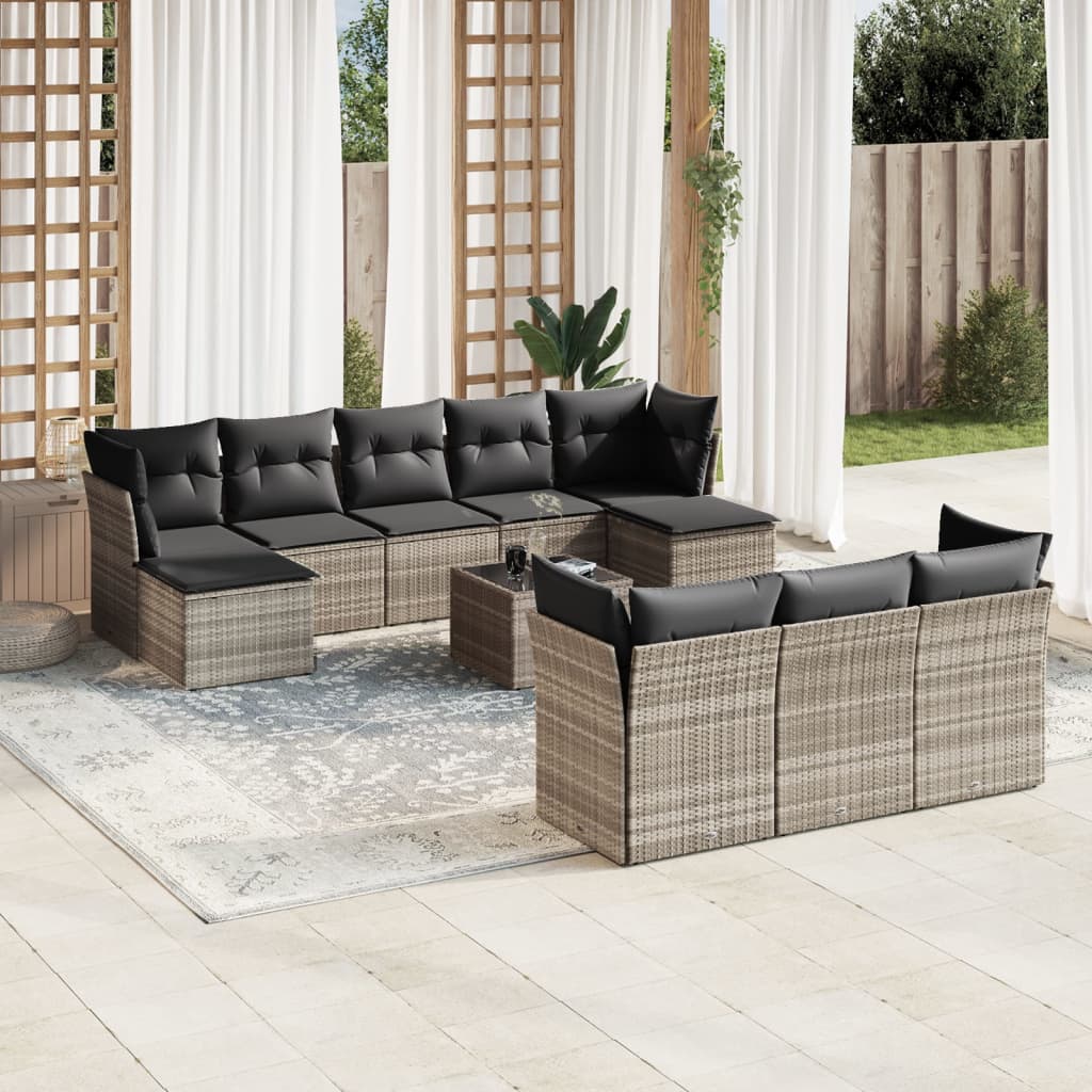 11-tlg. Garten-Sofagarnitur mit Kissen Hellgrau Poly Rattan