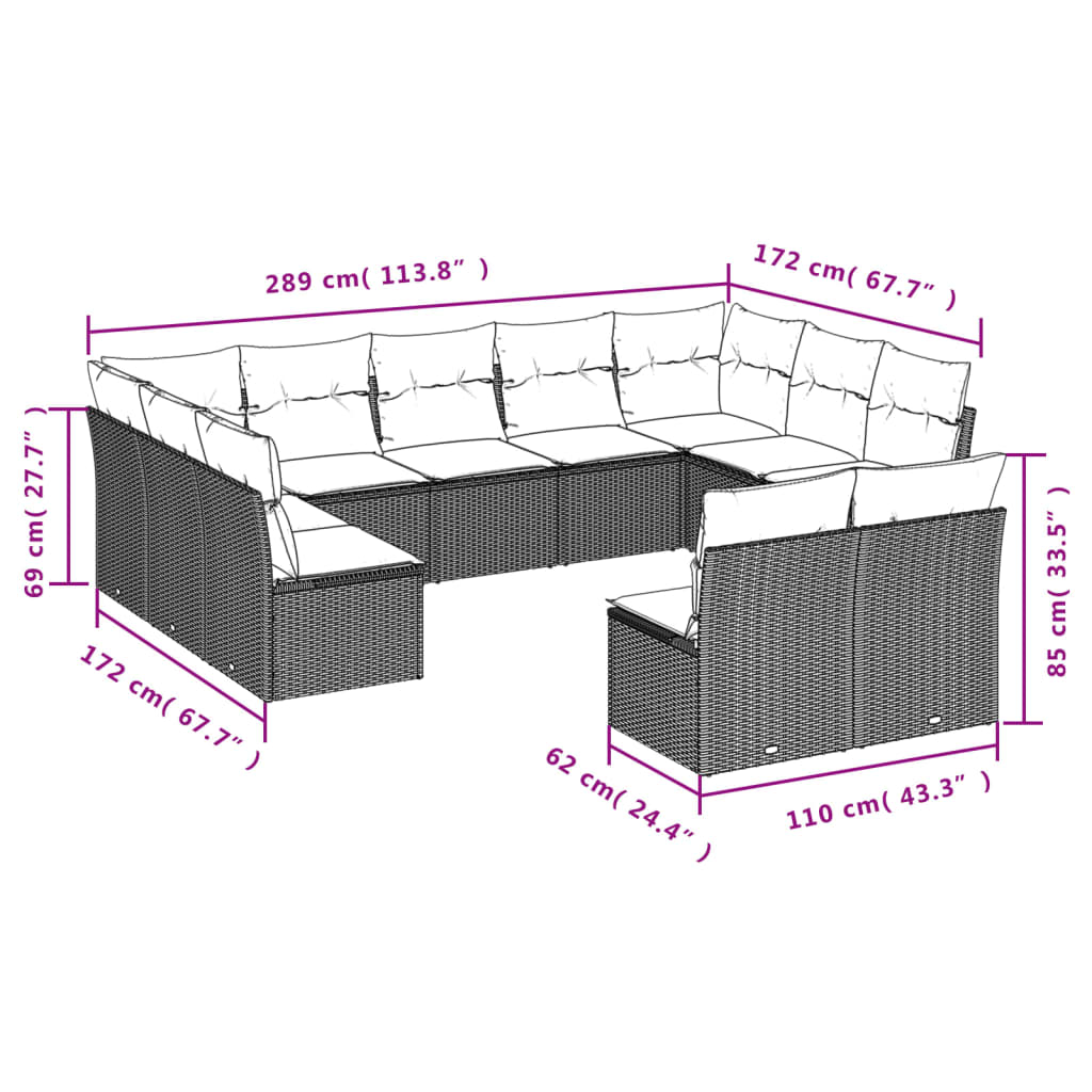 11-tlg. Garten-Sofagarnitur mit Kissen Schwarz Poly Rattan