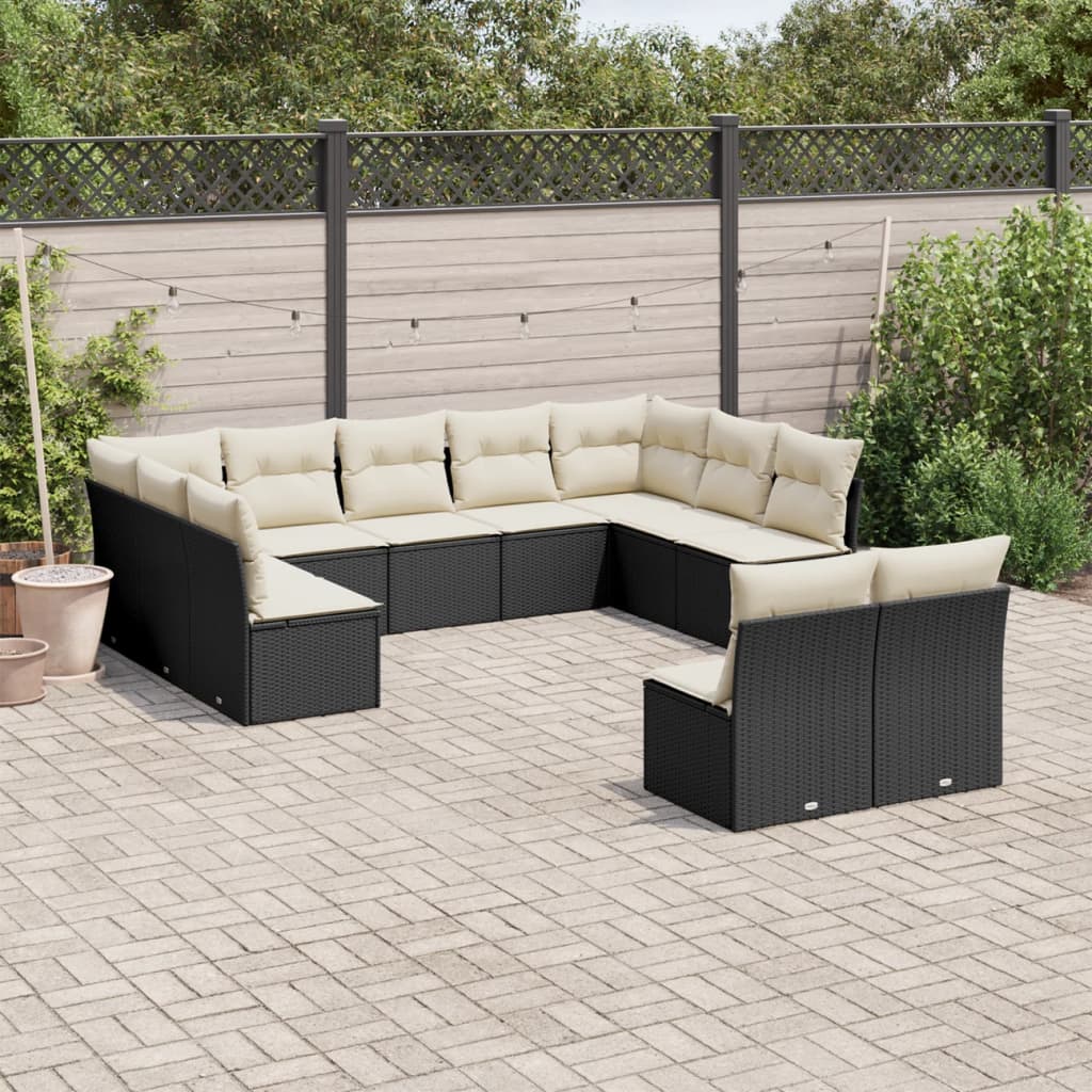 11-tlg. Garten-Sofagarnitur mit Kissen Schwarz Poly Rattan