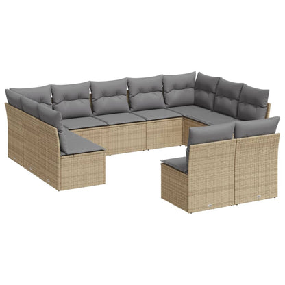 11-tlg. Garten-Sofagarnitur mit Kissen Beige Poly Rattan