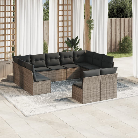 11-tlg. Garten-Sofagarnitur mit Kissen Grau Poly Rattan