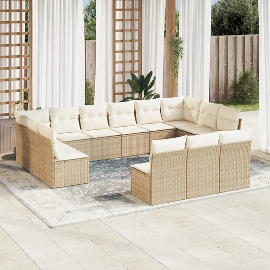 13-tlg. Garten-Sofagarnitur mit Kissen Beige Poly Rattan