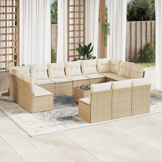 14-tlg. Garten-Sofagarnitur mit Kissen Beige Poly Rattan