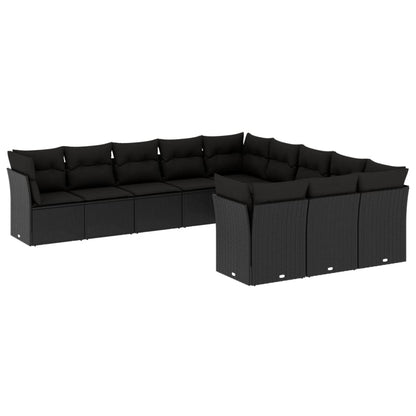 11-tlg. Garten-Sofagarnitur mit Kissen Schwarz Poly Rattan