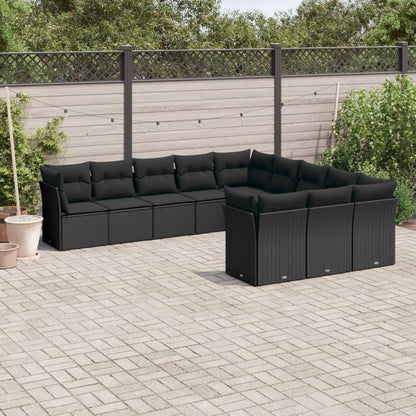 11-tlg. Garten-Sofagarnitur mit Kissen Schwarz Poly Rattan