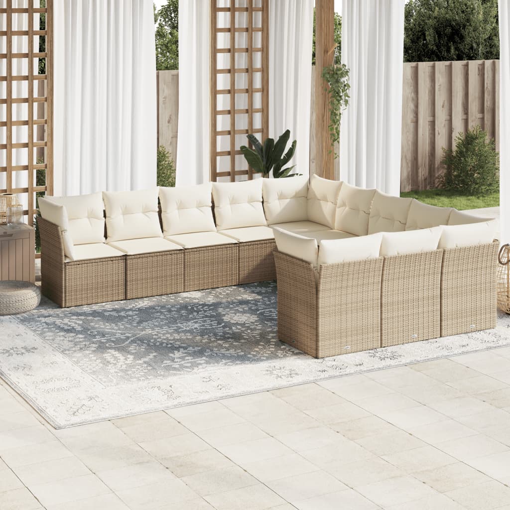 11-tlg. Garten-Sofagarnitur mit Kissen Beige Poly Rattan