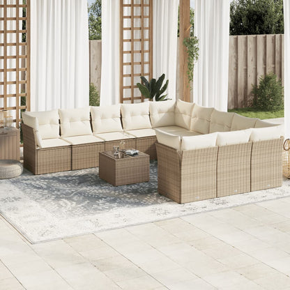 12-tlg. Garten-Sofagarnitur mit Kissen Beige Poly Rattan