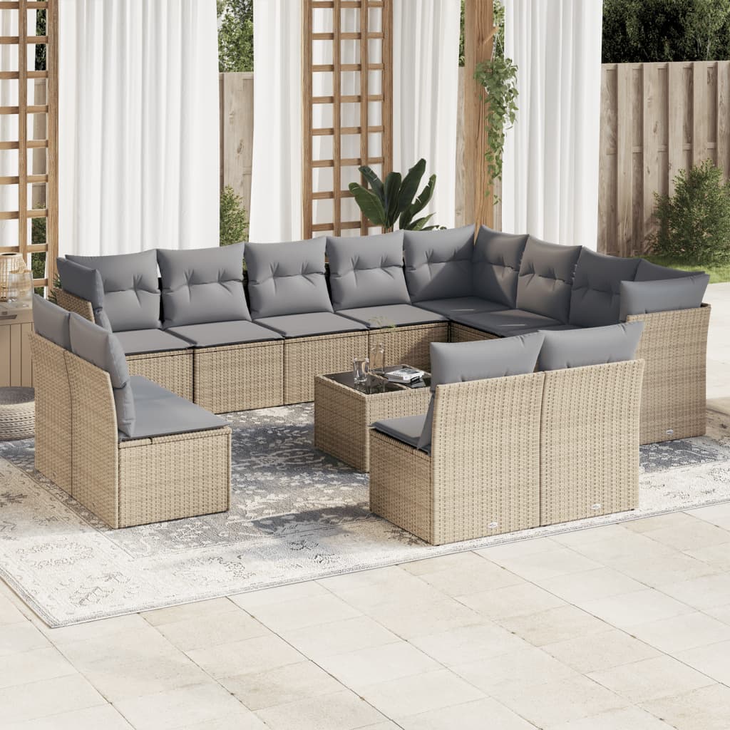 13-tlg. Garten-Sofagarnitur mit Kissen Beige Poly Rattan