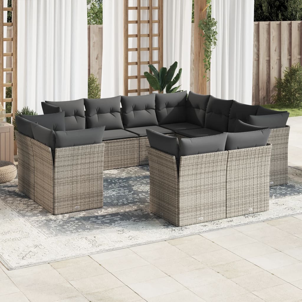 11-tlg. Garten-Sofagarnitur mit Kissen Grau Poly Rattan