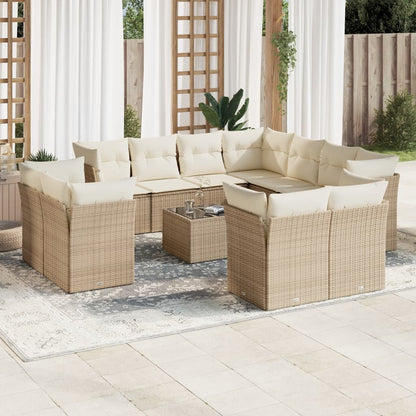 12-tlg. Garten-Sofagarnitur mit Kissen Beige Poly Rattan
