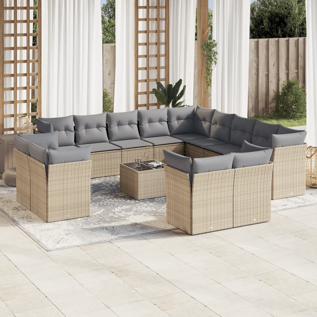 14-tlg. Garten-Sofagarnitur mit Kissen Beige Poly Rattan