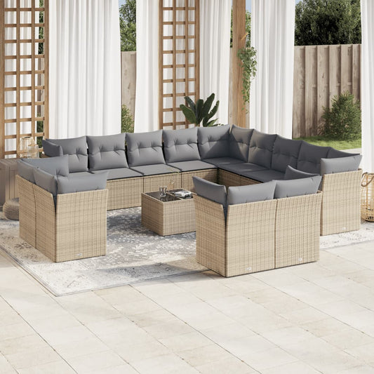 14-tlg. Garten-Sofagarnitur mit Kissen Beige Poly Rattan