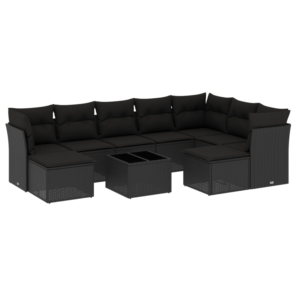 10-tlg. Garten-Sofagarnitur mit Kissen Schwarz Poly Rattan