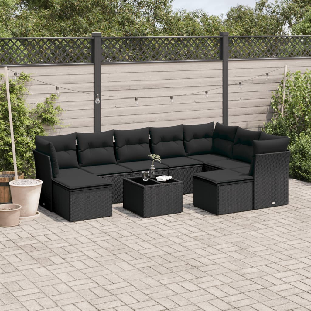 10-tlg. Garten-Sofagarnitur mit Kissen Schwarz Poly Rattan