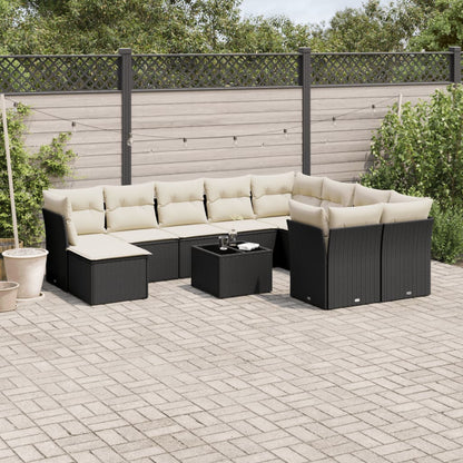 11-tlg. Garten-Sofagarnitur mit Kissen Schwarz Poly Rattan