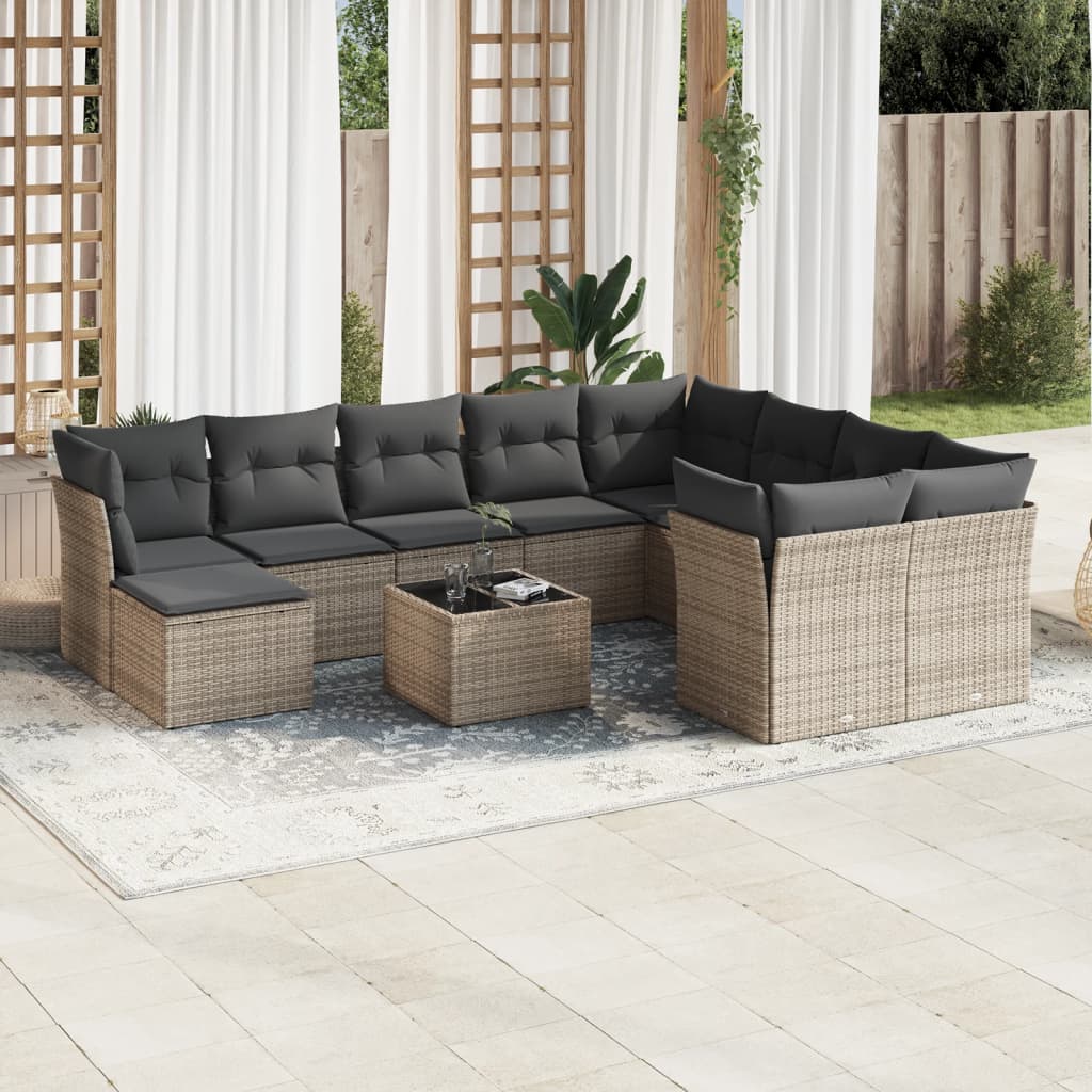 11-tlg. Garten-Sofagarnitur mit Kissen Grau Poly Rattan