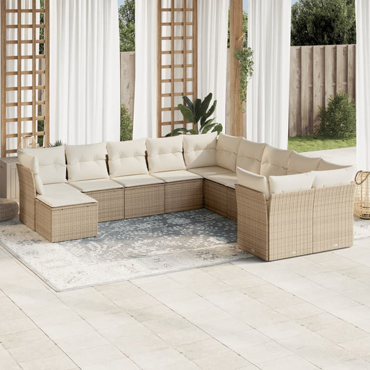 11-tlg. Garten-Sofagarnitur mit Kissen Beige Poly Rattan