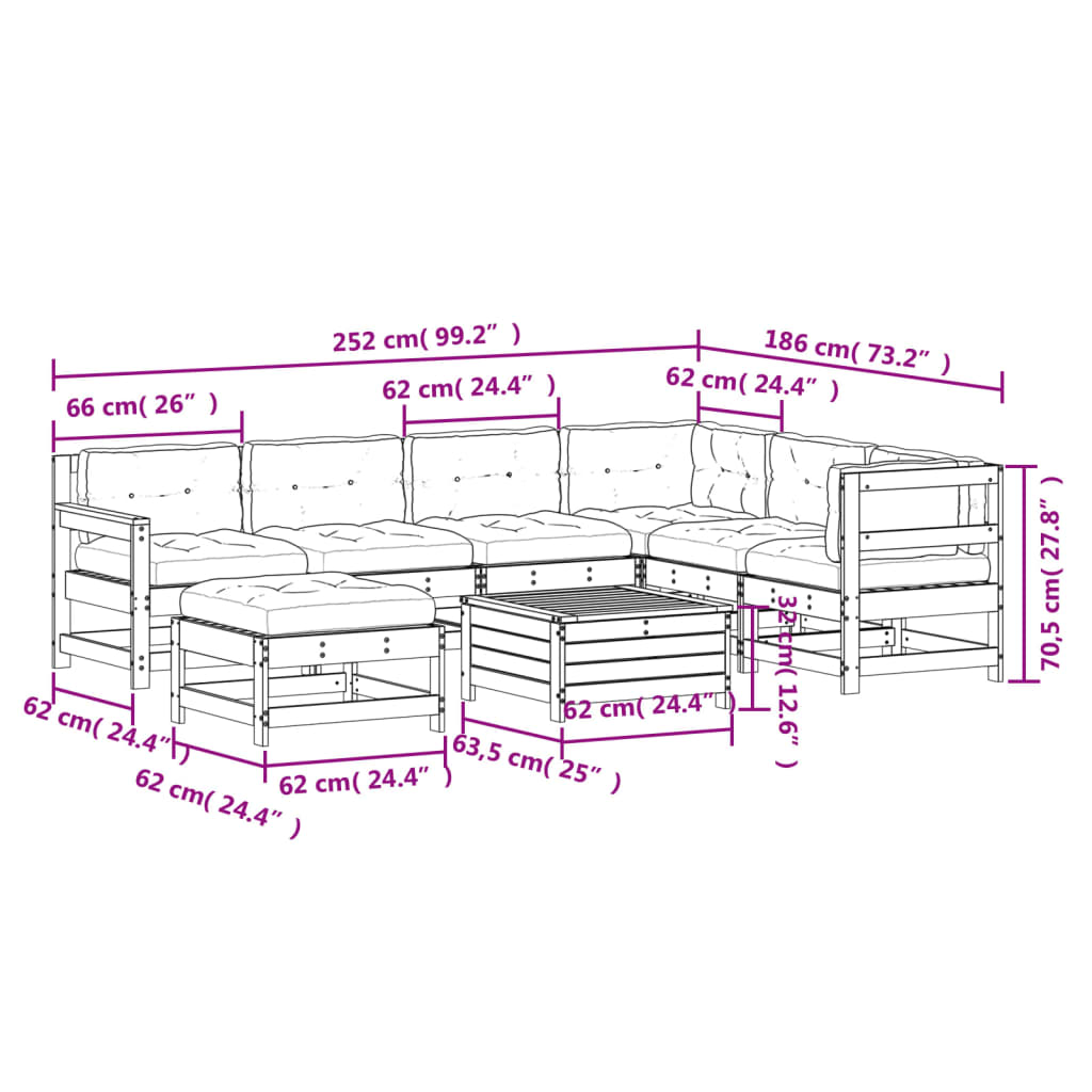 8-tlg. Garten-Lounge-Set mit Kissen Weiß Massivholz Kiefer