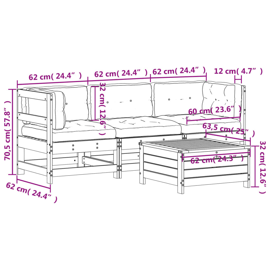 4-tlg. Garten-Lounge-Set mit Kissen Weiß Massivholz Kiefer