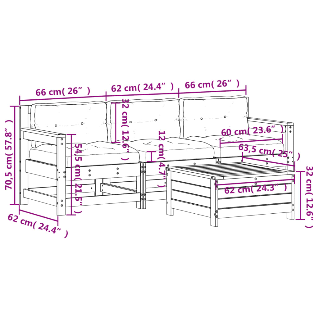 4-tlg. Garten-Lounge-Set mit Kissen Massivholz Kiefer